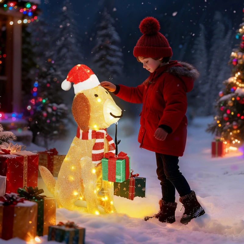 Outsunny Weihnachtsdekoration, Beleuchteter Weihnachtswelpe mit 74 warmweißen LED-Lichtern, 64 x 20 x 70 cm, Gelb