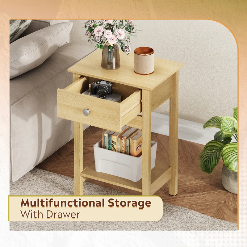 WLIVE Wooden Bedside Table, Nightstand with Shelf Drawer, Wooden Side Sofa Tables, for Small Spaces, End Tables for Living Room, Bedroom (1, Oak)