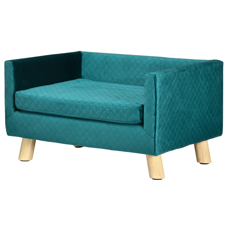 PawHut Sofá para Perros Pequeños 64x45x36 cm Tapizado en Terciopelo con Cojín Lavable y Patas de Madera de Abedul Azul Verdoso