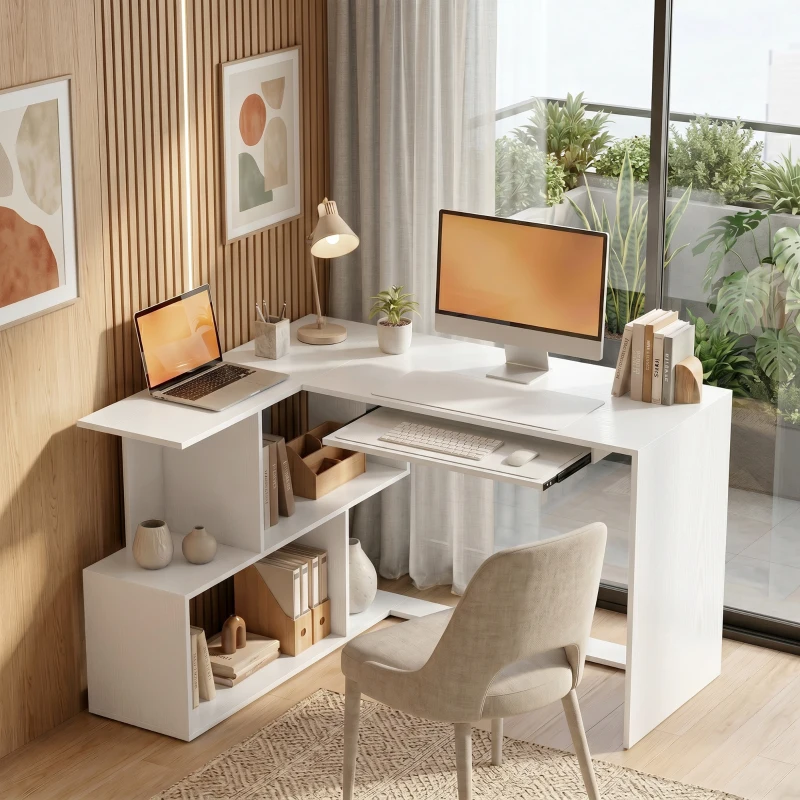 HOMCOM Bureau d'Angle, 120 x 100 x 76 cm, Bureau Informatique en L avec Plateau de Clavier, 4 Compartiments Ouverts, Blanc