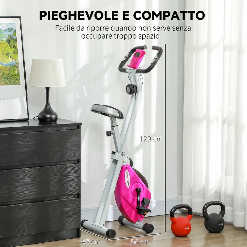 SPORTNOW Bicicleta Plegable Magnética de 8 Niveles con Pantalla LCD, Ruedas y Asiento Ajustable, Rosa y Blanco
