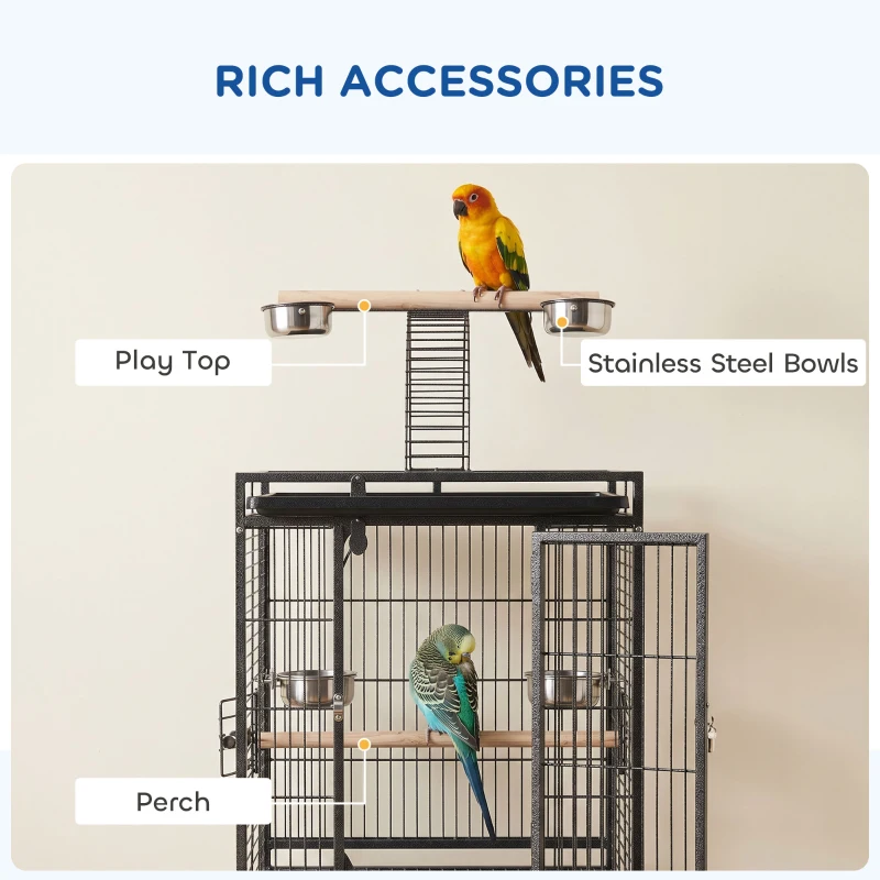 PawHut 156cm Bird Cage,Large Parrot Cage with Open Play Top, Perch, Seed Guard, Wheels, Storage Shelf, Dark Grey