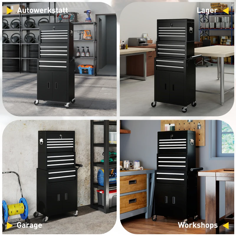 HOMCOM 3-in-1 Werkzeugkiste, Werkzeugschrank mit 4 Rädern, verschließbarer Werkzeugkasten mit 9 Schubladen, Stahl, Schwarz