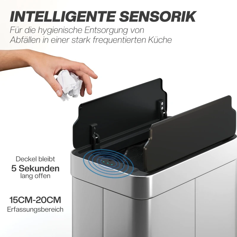 HOMCOM Sensor-Mülleimer, 55 L Kapazität, Schmetterlingsdeckel, öffnet automatisch, Edelstahl, Silberfarben