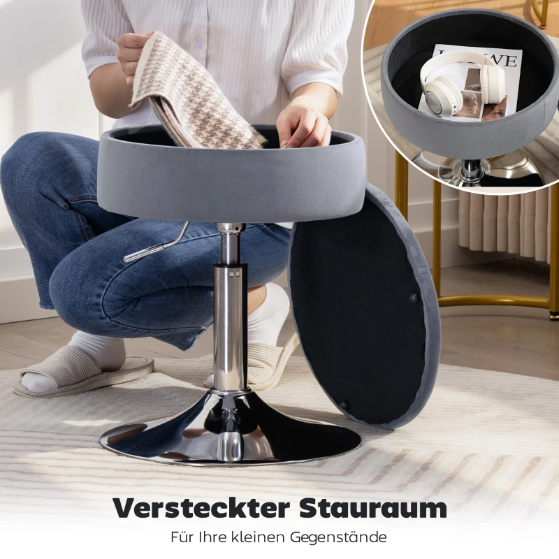 HOMCOM Barhocker, Bistrohocker mit Stauraum, Drehbar Barstuhl, Höhenverstellbar Küchenhocker mit Samtbezug, 39x39x65 cm, Grau