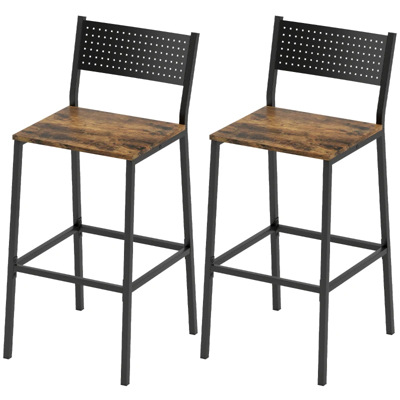 HOMCOM Set 2 Sgabelli da Bar con Schienale e Poggiapiedi Integrato in Stile Industriale, Marrone Rustico