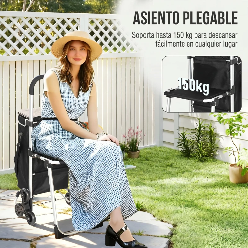 HOMCOM Carrito Escalador 3 Ruedas Bolsa Oxford 40 L Armazón de Aluminio con Asiento Plegable Negro