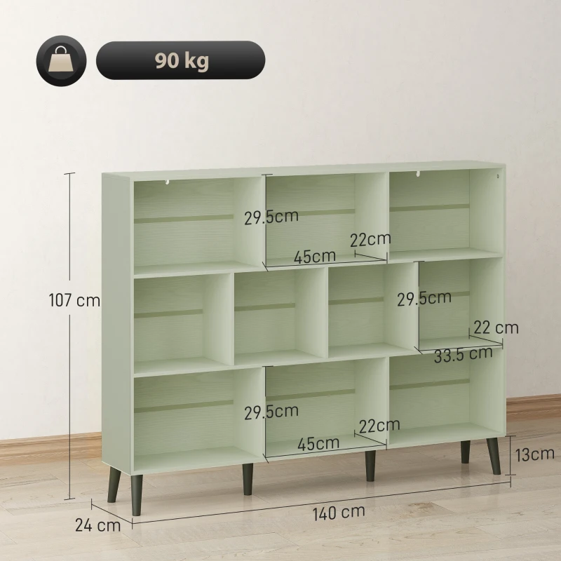 HOMCOM 10-Cube Bookcase, 3-Tier Book Shelf with Solid Wood Legs, 140 cm Modern Bookshelf with Anti-Tip Kit, Light Green