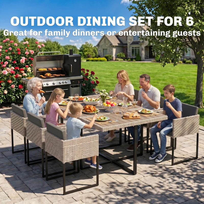 Outsunny 7 Piece Rattan Garden Furniture Set, Garden Dining Set with Wood-Plastic Table and 6 Stackable Chairs, Light Grey