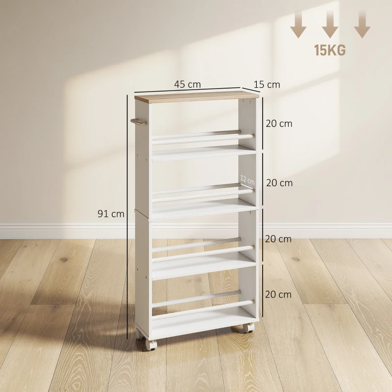 HOMCOM Multifunktionsregal mit Rollen, schmale Bauweise, 4 Fächer, 45x15x91 cm, Natur