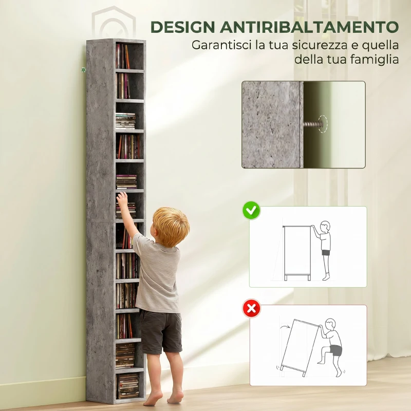 HOMCOM Mobile Libreria Porta CD a 12 Ripiani per 204 CD, in MDF e Truciolato, 21x20x175 cm, Grigio