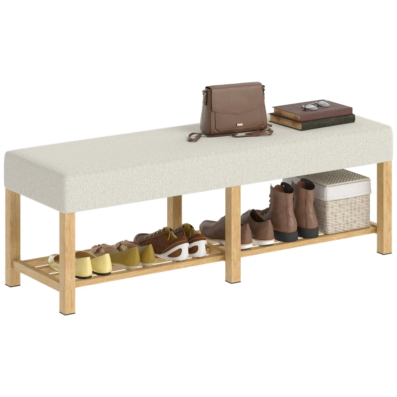 HOMCOM 140 cm Schuhbank aus Massivholz, moderne Flurbank mit gepolsterter Sitzfläche für zwei Personen, Naturholz und Cremeweiß