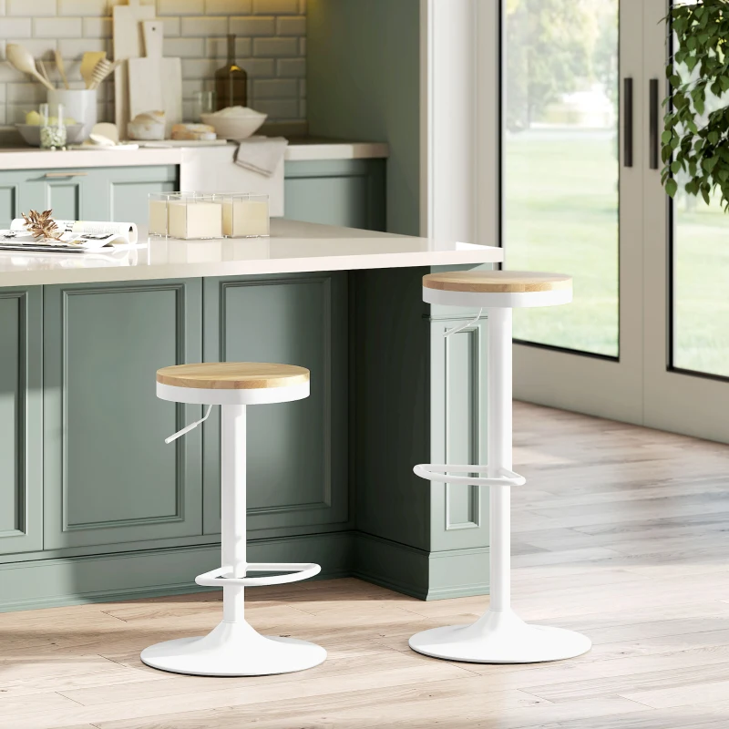 HOMCOM Barhocker 2er Set, Höhenverstellbar 360° Drehbar Barstuhl mit Stahlgestell Fußstütze 38,5x38,5x60-80 cm Naturholz+Weiß