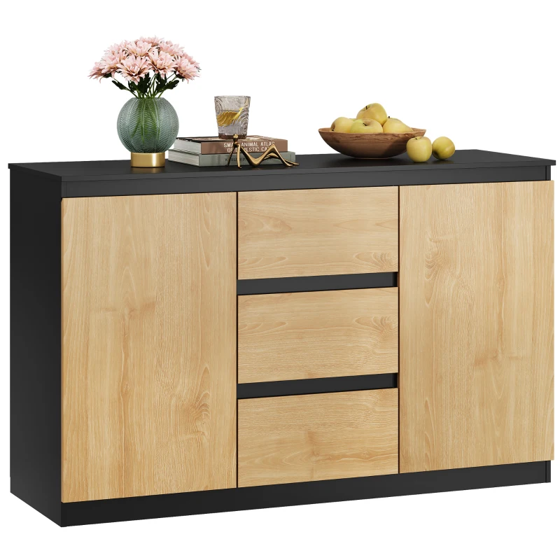 WLIVE Chest of Drawers with 3 Drawers, Cabinet with 2 Door 4 Shelvses, Modern Storage Unit, for Living Room, Bedroom, Hallway, (Black + Oak, 2 Door 3 Drawer)