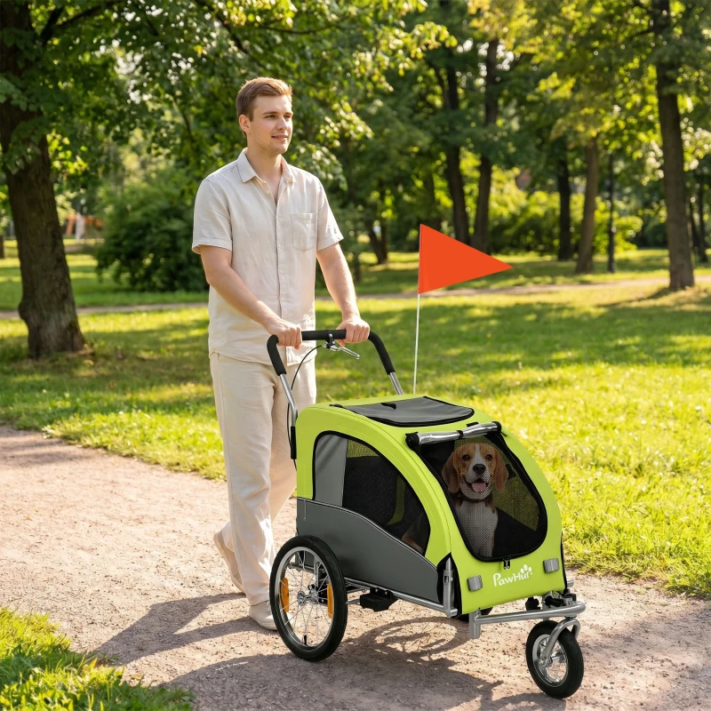 PawHut Remolque de Bicicleta Perros 2 en 1 Carrito Perros Medianos Plegable con Suspensión Neumáticos Grandes Ventanas Verde