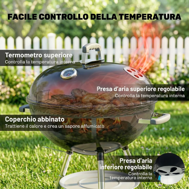 Outsunny Barbecue a Carbone Rotondo con Termometro e Ripiano Inferiore, in Metallo e Acciaio Inox, 73x65x105 cm, Nero