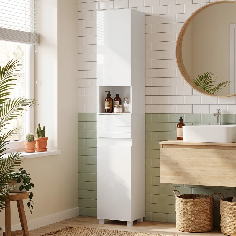 HOMCOM Mobiletto Bagno Alto Lucido con Cassetto e Ripiani Regolabili
