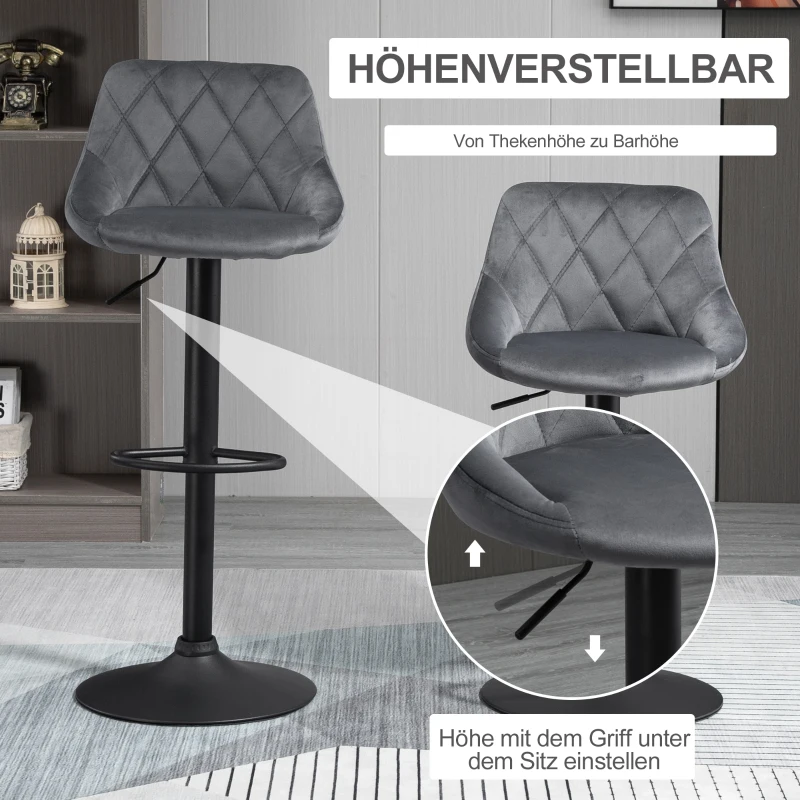 HOMCOM 2er-Set Barhocker, Höhenverstellbare Barstuhl mit Lehne, Samtoptik, Metallgestell, Fußstütze, drehbare, Dunkelgrau