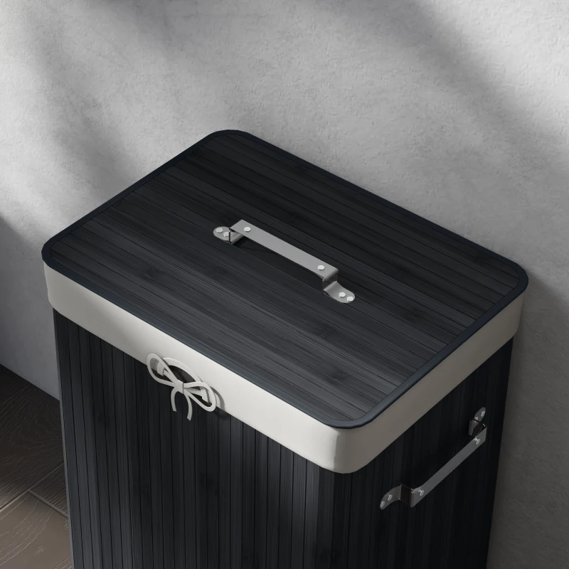HOMCOM Wäschekorb, Wäschebox, Wäschesammler mit Deckel, Segeltuchsack, Bambus, faltbar, 72L, Schwarz 40 x 30 x 60 cm