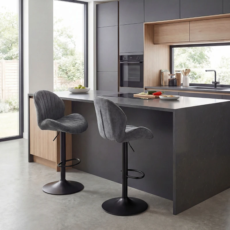 HOMCOM Lote de 2 Bancos de Bar, Altura Ajustável 62-83cm, Giratórias 360°, Assento Estofado, Encosto e Apoio para Pés, Cinza