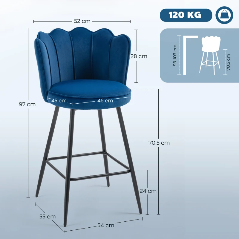 HOMCOM Set of Two Velvet-Feel Lotus Bar Stools - Dark Blue