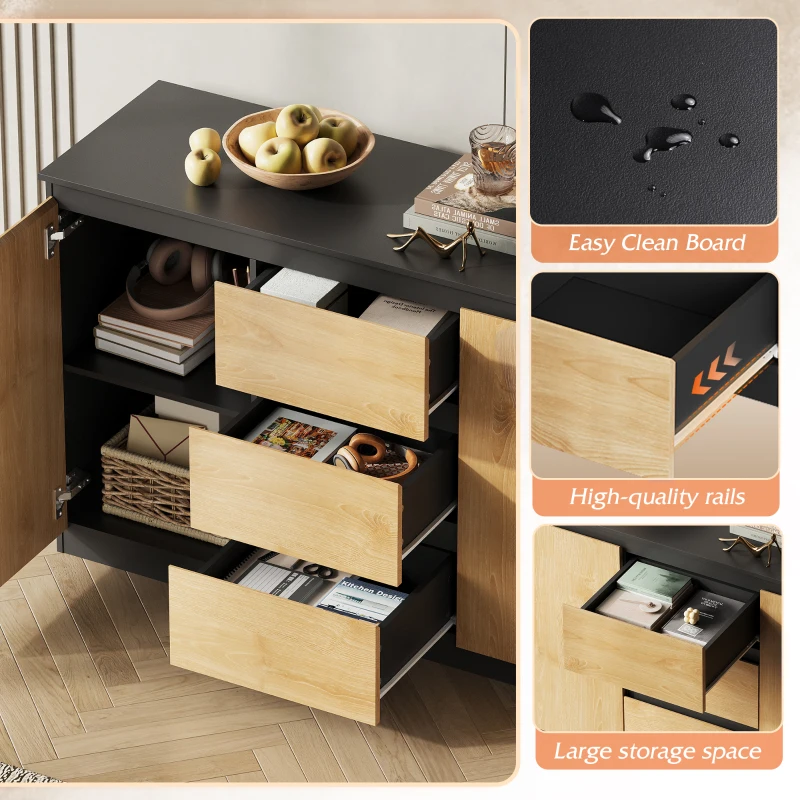 WLIVE Chest of Drawers with 3 Drawers, Cabinet with 2 Door 4 Shelvses, Modern Storage Unit, for Living Room, Bedroom, Hallway, (Black + Oak, 2 Door 3 Drawer)
