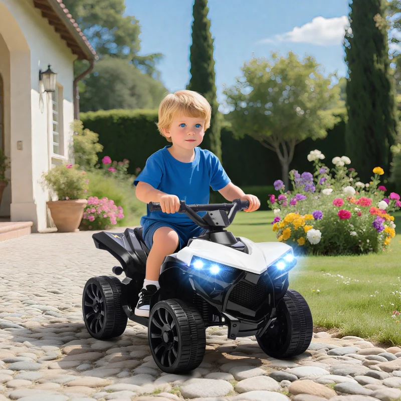 AIYAPLAY 6V Kids ATV, 4 Wheeler Electric Ride on Car with Music and LED Headlights, for Ages 18-56 Months Boys and Girls, White