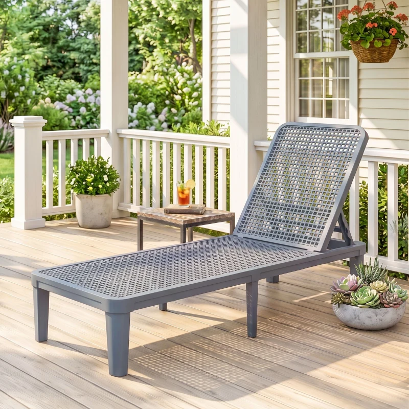 Outsunny Tumbona Reclinable de Jardín Exterior con Respaldo Ajustable en 4 Posiciones y Marco de PP 191x55x35,5 cm Gris Oscuro