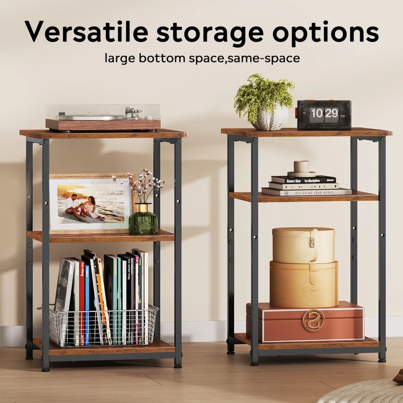 WLIVE 3-Tier Side Table, Built with Robust Steel Frame and Adjustable Feet, Top Shelf Comes with 19kg Load Bearing, Suitable for Living Room, Bedroom and Office, Rustic Brown