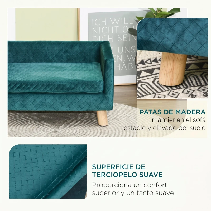 PawHut Sofá para Perros Pequeños 64x45x36 cm Tapizado en Terciopelo con Cojín Lavable y Patas de Madera de Abedul Azul Verdoso