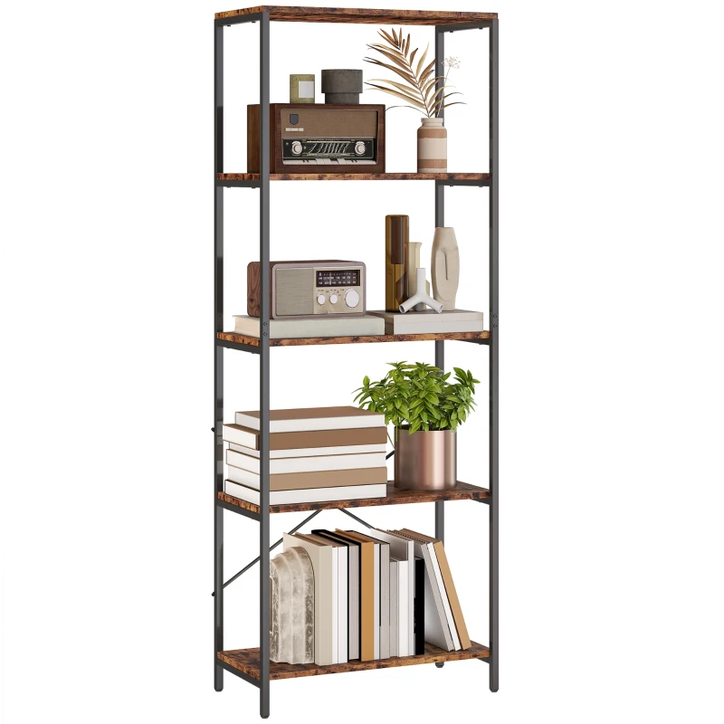 HOMCOM Bücherregal, 5 Ebenen, Metall, Melaminoberfläche, Braun