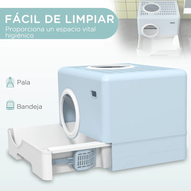 PawHut Arenero para Gatos Cubierto con Pala Bandeja Extraíble Entrada Frontal y Salida Superior 52x41x38,5 cm Azul