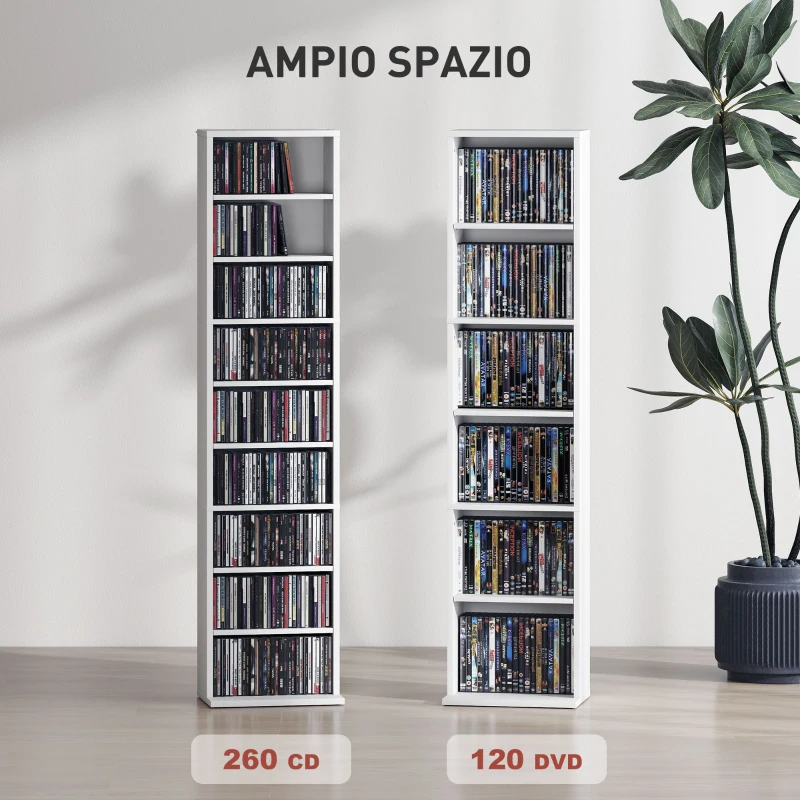 HOMCOM Scaffale Porta CD con 6 Ripiani Regolabili, Capacità di 260 CD/120 DVD, 33x24x140 cm, Bianco