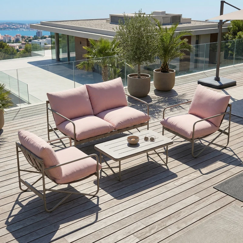 Outsunny Set da Giardino 4pz con Divano 2 Posti, 2 Poltrone e Tavolino, in Metallo Zincato, Rosa