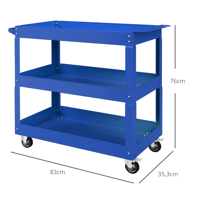 DURHAND 3-stufiger Werkzeugwagen, 4 Rollen, Stahl, 83B x 35,3T x 76H cm, Blau