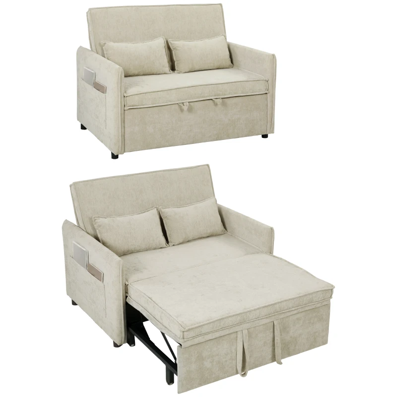 HOMCOM Canapea extensibilă 2 locuri, Canapea-pat 3 în 1 din chenille 125 cm cu spătar reglabil, șezut lat, 2 perne, Crem