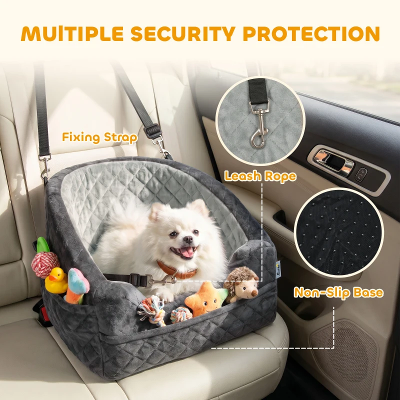 PawHut Dog Car Seat, Detachable Washable Dog Booster Seat with Thick Cushion, Seat Belt, Pockets for Small Under 10kg, Grey
