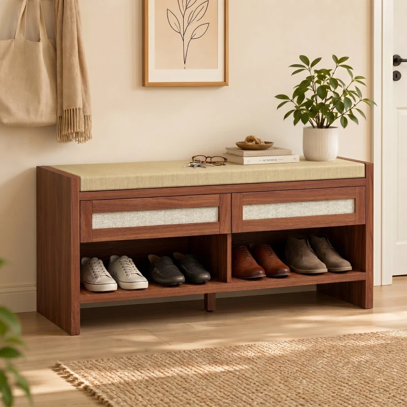 HOMCOM Boho Shoe Bench with 2 Rattan Drawers, Shoe Storage Bench with Cushioned Seat and Open Shelf Brown