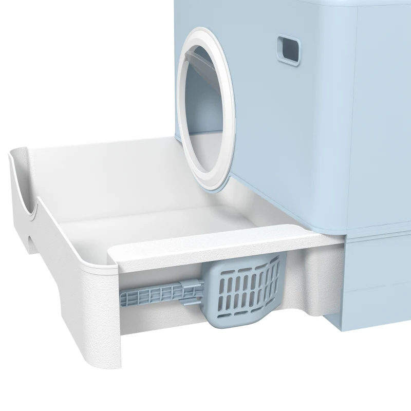 PawHut Arenero para Gatos Cubierto con Pala Bandeja Extraíble Entrada Frontal y Salida Superior 52x41x38,5 cm Azul