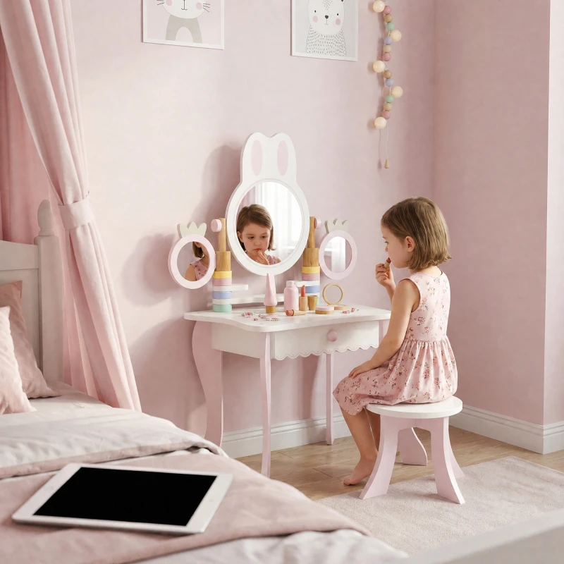 AIYAPLAY Toeletta per Bambini con Sgabello, Cassetto, 3 Specchi e 5 Accessori, Età 3+ Anni, Rosa