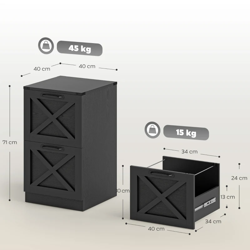 HOMCOM Gaveteiro de Escritório com 2 Gavetas, Ficheiros Suspensos para Formatos Carta/A4, Estilo Rústico, 40x40x71cm, Preto