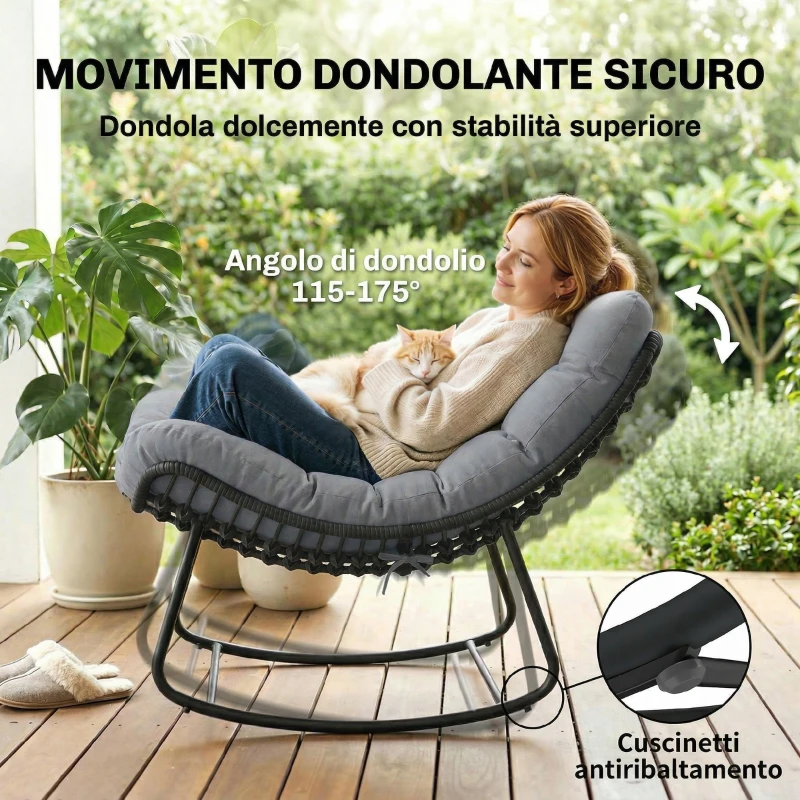 Outsunny Sedia a Dondolo stile Boho in Rattan e Metallo con Cuscino Morbido, 87x110x70 cm, Grigio Scuro