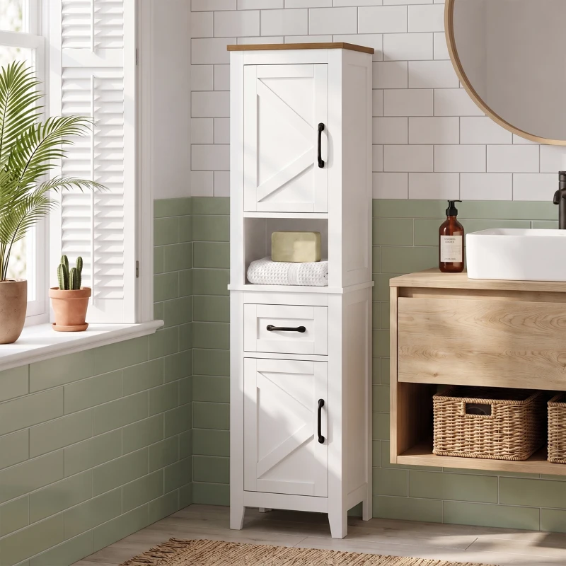 HOMCOM Armario de Baño Alto y Estrecho Rústico con Cajón Estante Abierto Puertas y Estantes Ajustables 34,5x30x148 cm Blanco