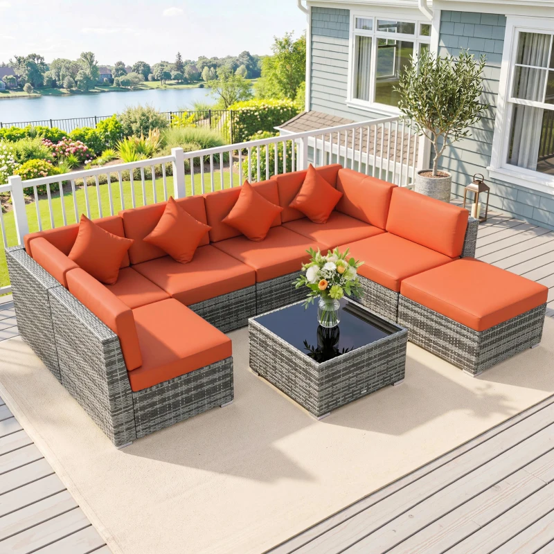 Outsunny Eight-Piece Rattan Sofa Set - Orange/Grey