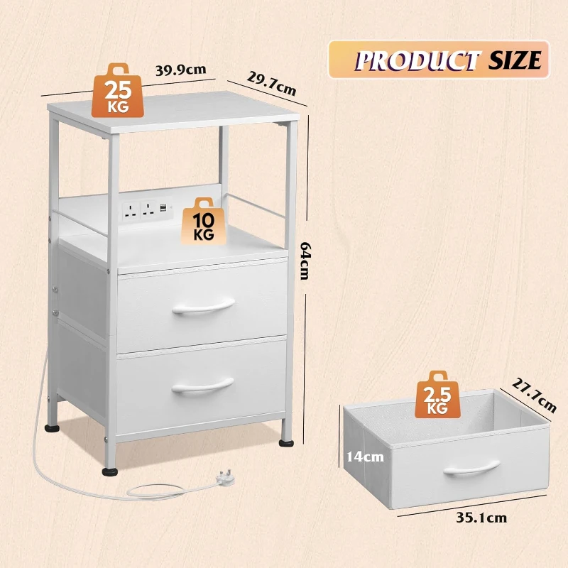 WLIVE Set of 2 White Bedside Tables, Equipped with Drawers, LED Lights and Charging Station, Multi-use Bedside Cabinet for Bedroom, Living Room and Small Spaces