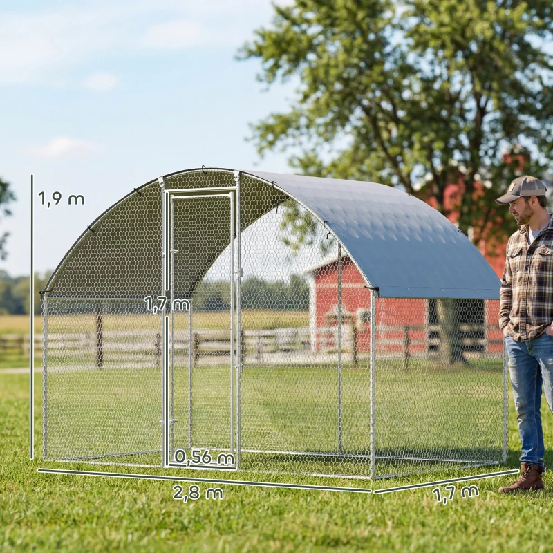 PawHut Gallinero para Exterior 2,8x1,7x1,9 m Cubierta de Tela Oxford Anti-UV Impermeable Pestillos para 5-8 Gallinas Plata