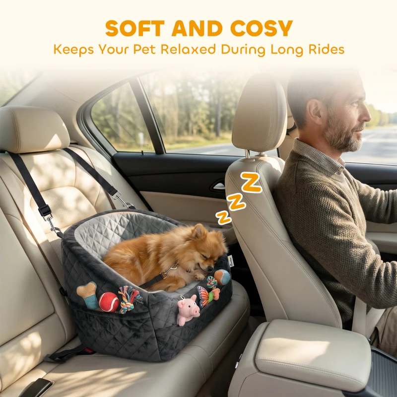 PawHut Dog Car Seat, Detachable Washable Dog Booster Seat with Thick Cushion, Seat Belt, Pockets for Small Under 10kg, Grey