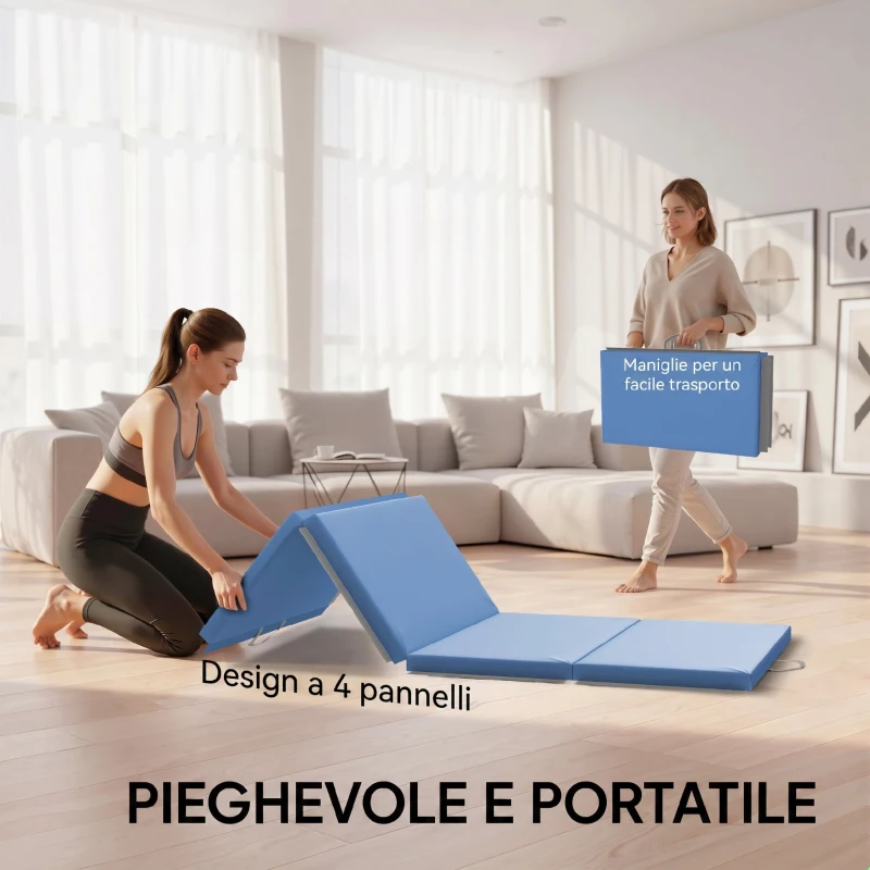 HOMCOM Tappetino da Ginnastica Pieghevole, Materassino Fitness Spesso 5 cm e Antiscivolo, 180x80x5 cm, Azzurro