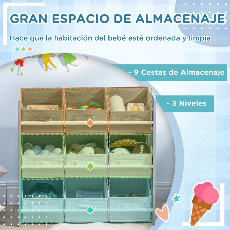 ZONEKIZ Organizador de Juguetes con 9 Cajas de Tela no Tejida Extraíbles para Dormitorio Guardería 63x30x60 cm Gris