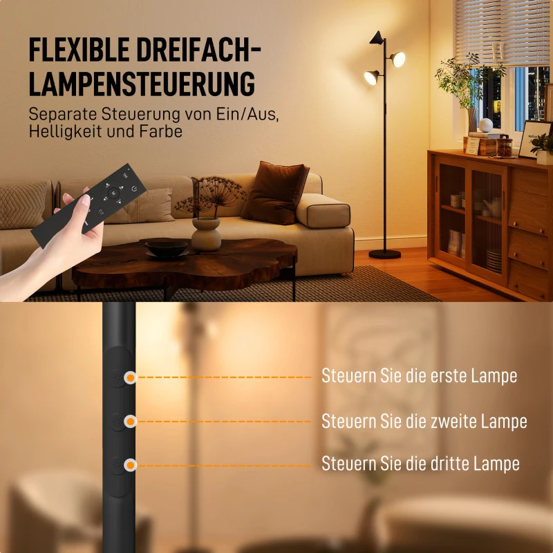 HOMCOM Stehlampe Dimmbar mit Leselampe, Stehleuchte RGB Farbwechsel mit Fernbedienung Touch-Steuerung 3 drehbare Köpfe Schwarz
